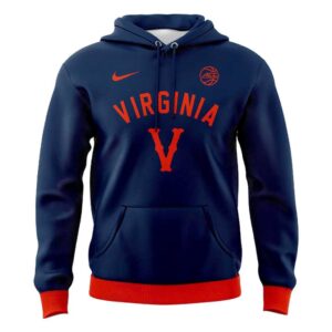 Virginia Cavaliers Basketball 2026 Blue Ridge Shirt Hoodie: navy blue, orange VIRGINIA V front, unique blue ram/goat back graphic.