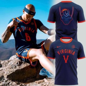 Virginia Cavaliers Basketball 2026 Blue Ridge Shirt Hoodie: navy blue, orange VIRGINIA V front, unique blue ram/goat back graphic.
