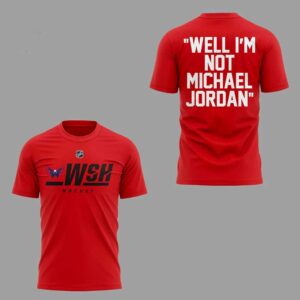 Red Washington Capitals 2026 Well I'm Not Michael Jordan Hoodie featuring front 'WSH HOCKEY' logo and back text.