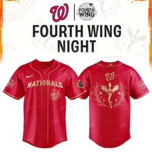 Washington Nationals Fourth Wings Night 2026 Dragon Baseball Jersey: striking red uniform with gold dragon back design & front logo.