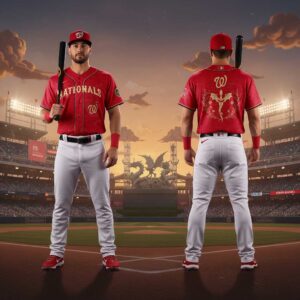 Washington Nationals Fourth Wings Night 2026 Dragon Baseball Jersey: striking red uniform with gold dragon back design & front logo.