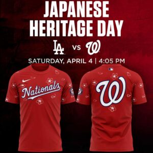Washington Nationals Japanese Heritage Day 2026 All Red Tee Hoodies featuring white Nationals script, a 'W' logo, and cherry blossoms on a red base.
