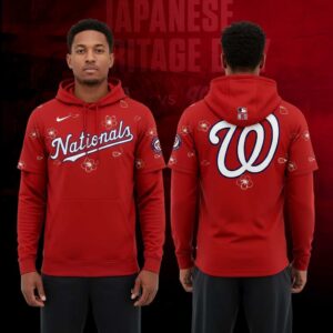 Washington Nationals Japanese Heritage Day 2026 All Red Tee Hoodies featuring white Nationals script, a 'W' logo, and cherry blossoms on a red base.