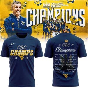 West Virginia Mountaineers 2026 College Basketball Crown Champions Tee Hoodie, blue, with 'CBC Champs' on front and roster on back.