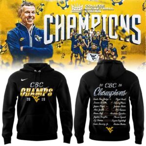 West Virginia Mountaineers 2026 College Basketball Crown Champions Tee Hoodie, blue, with 'CBC Champs' on front and roster on back.