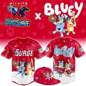 Wichita Wind Surge Bluey Night Jersey: Red baseball jersey featuring Bluey characters playing baseball on the front and back.