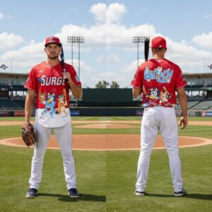 Wichita Wind Surge Bluey Night Jersey: Red baseball jersey featuring Bluey characters playing baseball on the front and back.