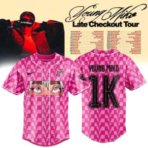 Young Miko 2026 Late Checkout Tour Jersey with black checkerboard pattern, anime eyes on front, 'Young Miko 1K' on back.
