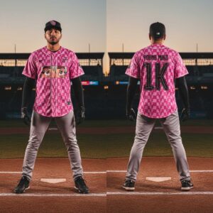 Young Miko 2026 Late Checkout Tour Jersey with black checkerboard pattern, anime eyes on front, 'Young Miko 1K' on back.