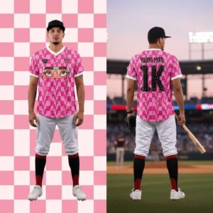 Young Miko Late Checkout Tour 2026 Football Jersey with pink checkerboard heart pattern, anime eyes on front, and 'Young Miko 1K' on back.