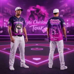 Young Miko Late Checkout Tour 2026 Jersey. Purple & pink baseball jersey with 'Baby Miko' bunny graphic & tour details.