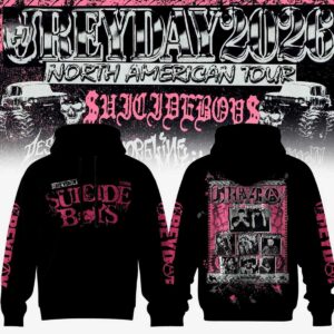 $uicideboy$ Grey Day Tour 2026 Hoodie in black with distressed pink logo on front, GREYDAY on sleeves, and concert-themed back graphic.