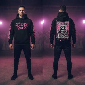 $uicideboy$ Grey Day Tour 2026 Hoodie in black with distressed pink logo on front, GREYDAY on sleeves, and concert-themed back graphic.