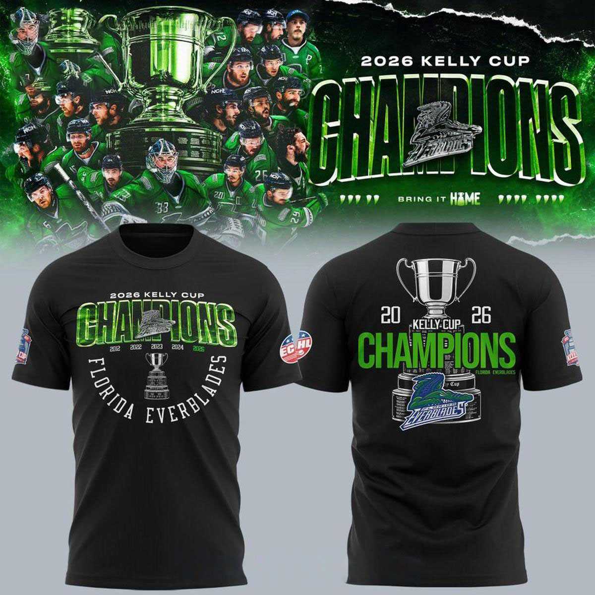 Florida Everblades Kelly Cup Champions 5X 2026 Celebrating Tee Hoodie Florida Everblades Kelly Cup Champions 5X 2026 Celebrating Tee Hoodie