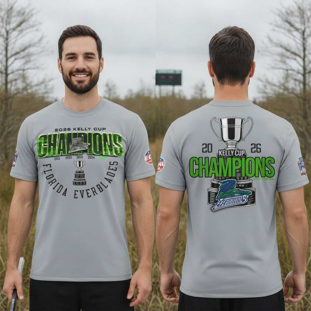 Florida Everblades Kelly Cup Champions 5X 2026 Celebrating Tee Hoodie Florida Everblades Kelly Cup Champions 5X 2026 Celebrating Tee Hoodie