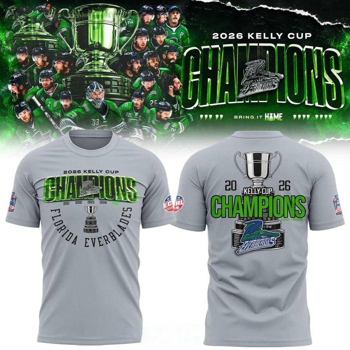 Florida Everblades Kelly Cup Champions 5X 2026 Celebrating Tee Hoodie Florida Everblades Kelly Cup Champions 5X 2026 Celebrating Tee Hoodie