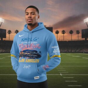 Los Angeles Chargers Karol G Viajando Por El Mundo Tropitour 2026 Mi Casa Hoodie Tee