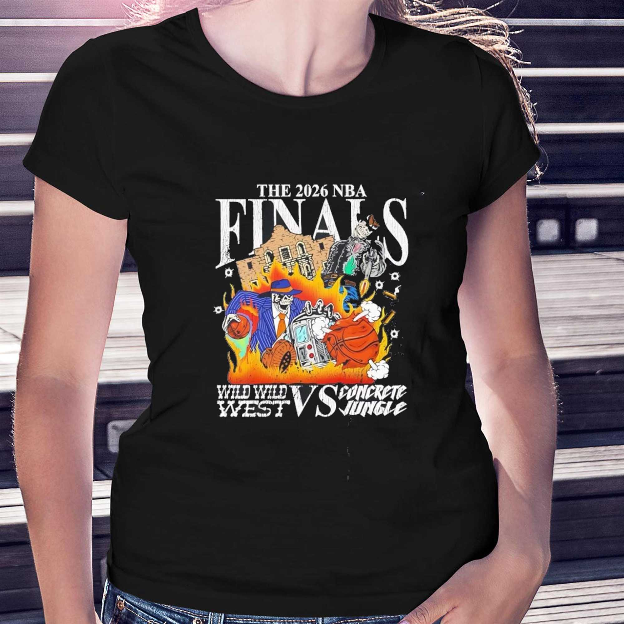 The 2026 NBA Finals Wild Wild West vs Concrete Jungle Spurs Knicks Skeleton Tee The 2026 NBA Finals Wild Wild West vs Concrete Jungle Spurs Knicks Skeleton Tee