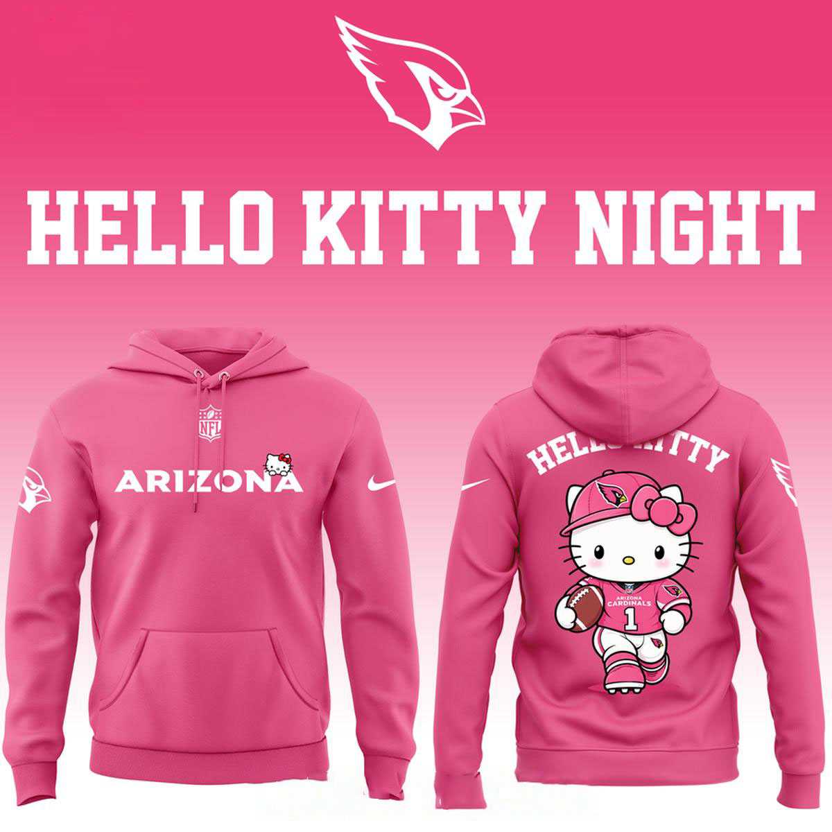 Arizona Cardinals Hello Kitty 2026 Theme Football Night Tee Hoodie Arizona Cardinals Hello Kitty 2026 Theme Football Night Tee Hoodie