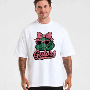 Florida Gators green alligator pink bow heart sunglasses shirt