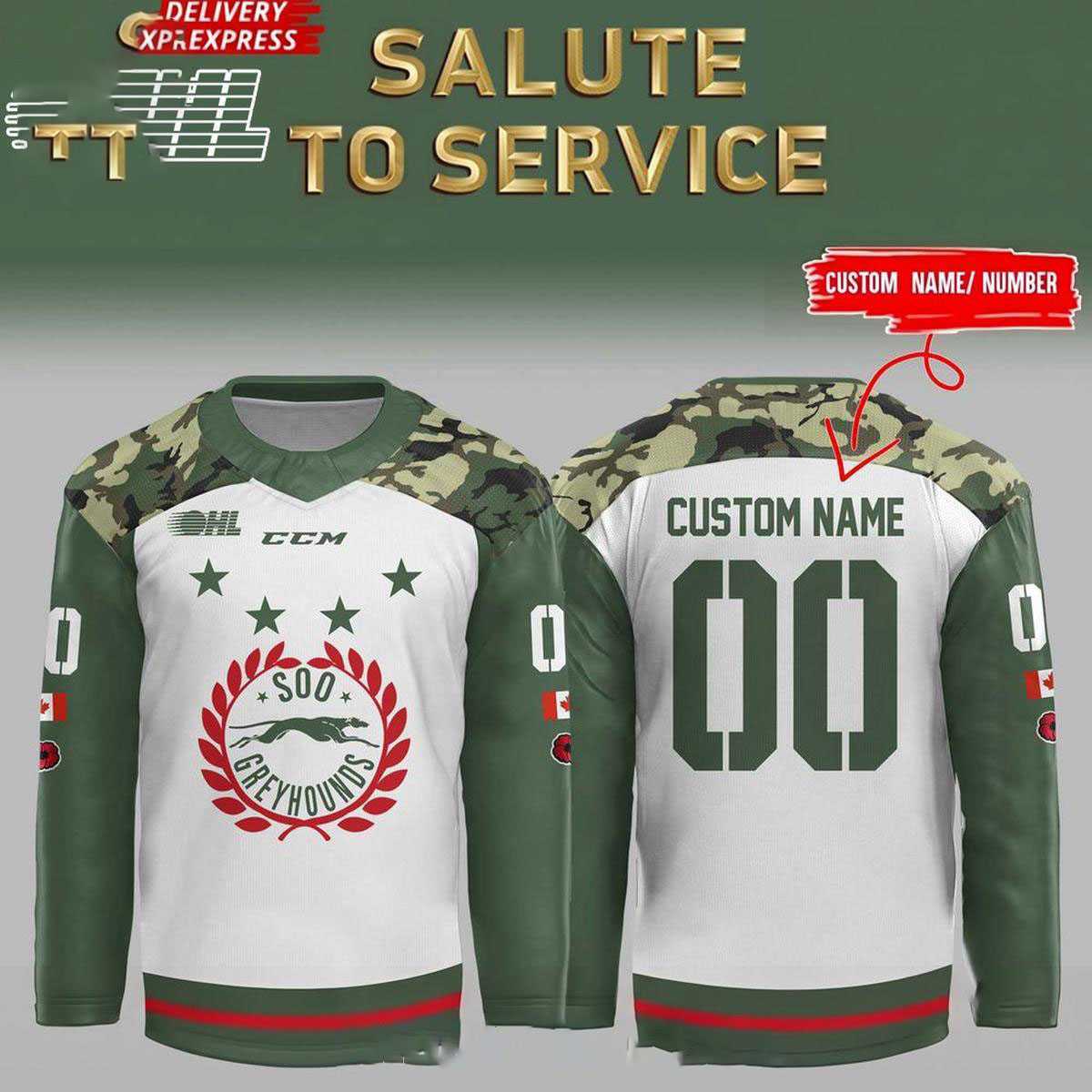 Soo Greyhounds 2026 Salute To Service Night Personalized Hockey Jersey Soo Greyhounds 2026 Salute To Service Night Personalized Hockey Jersey